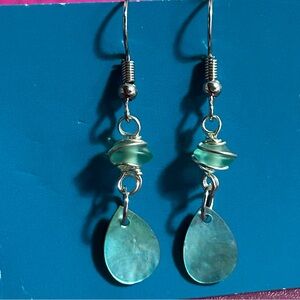 Handcrafted Abalone Teal Drop Earrings with Frosted Glass Beads Handmade